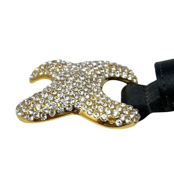 Vintage WCM New York Black Satin Skinny Belt Bling Crystal Encrusted Belt Buckle